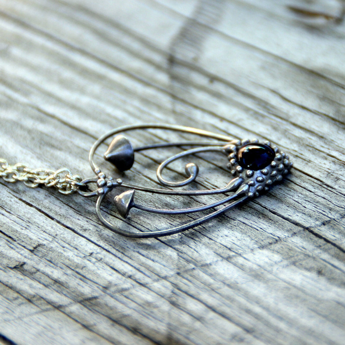 Blue Glass Mushroom Heart Necklace – Silver Tone