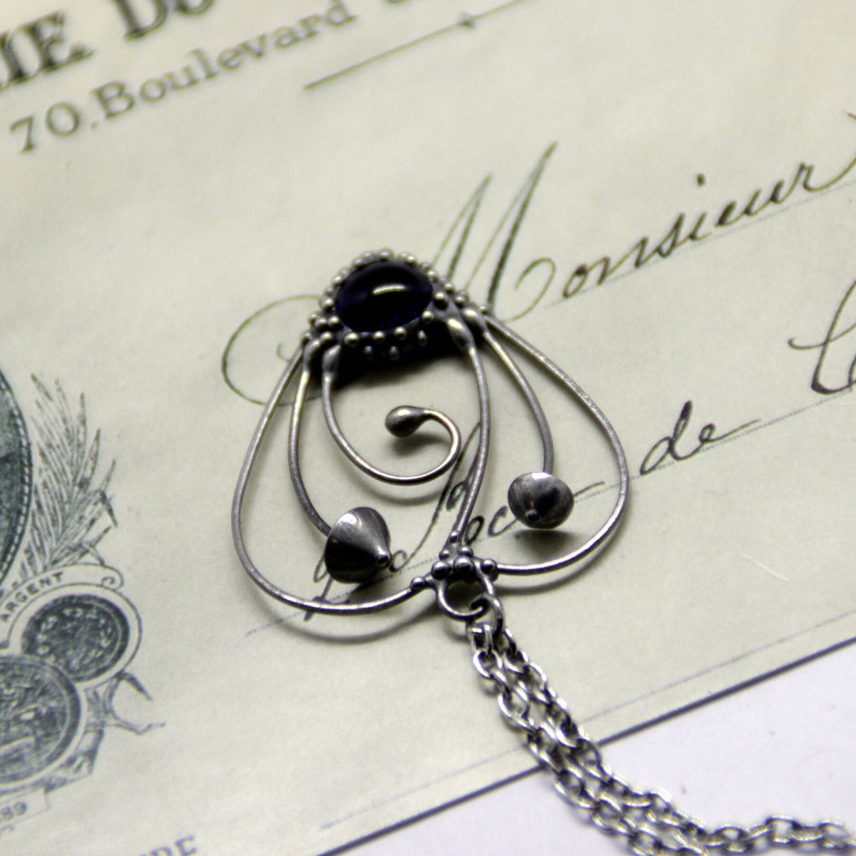 Blue Glass Mushroom Heart Necklace – Silver Tone