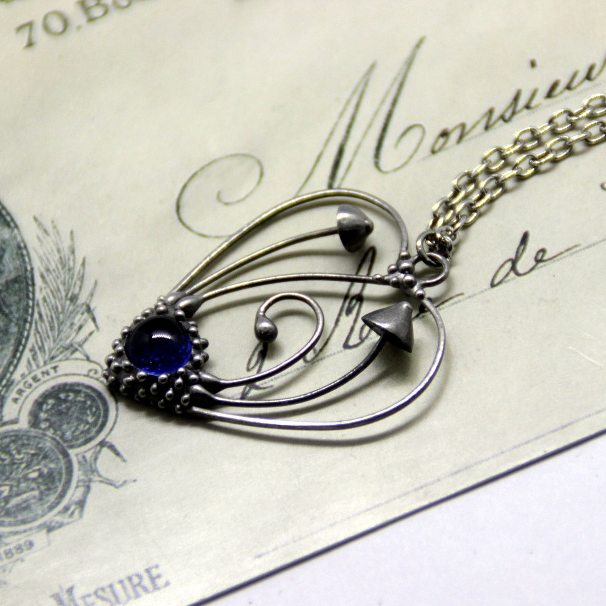 Blue Glass Mushroom Heart Necklace – Silver Tone