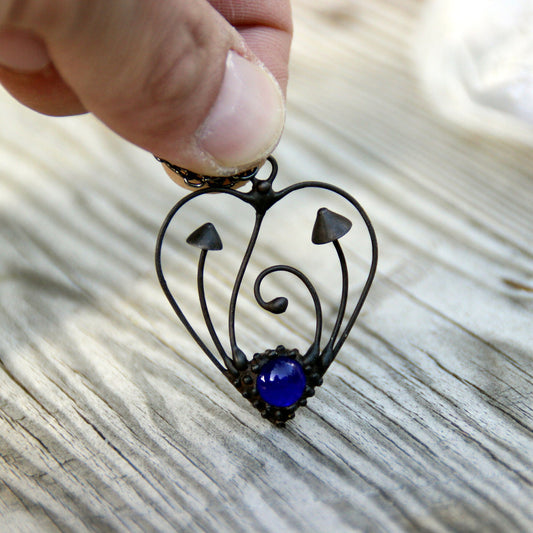 Blue Glass Mushroom Heart Necklace – Blackened Copper