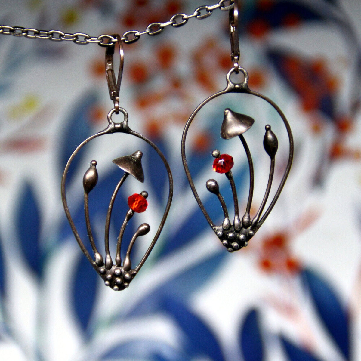 Red Glass Mushroom Drop Earrings – Blackened Copper
