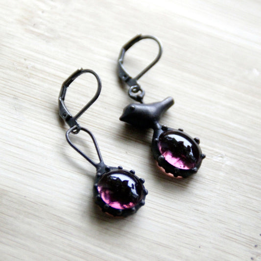 Purple Glass Asymmetrical Bird Earrings – Blackened Copper