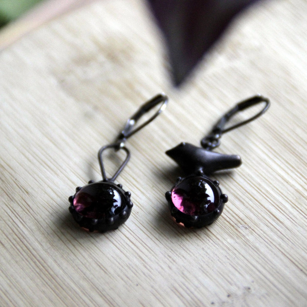 Purple Glass Asymmetrical Bird Earrings – Blackened Copper