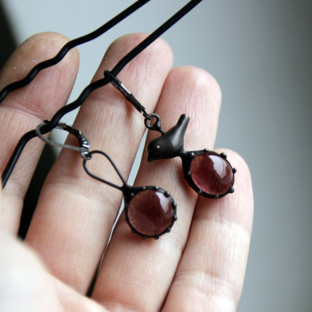 Purple Glass Asymmetrical Bird Earrings – Blackened Copper