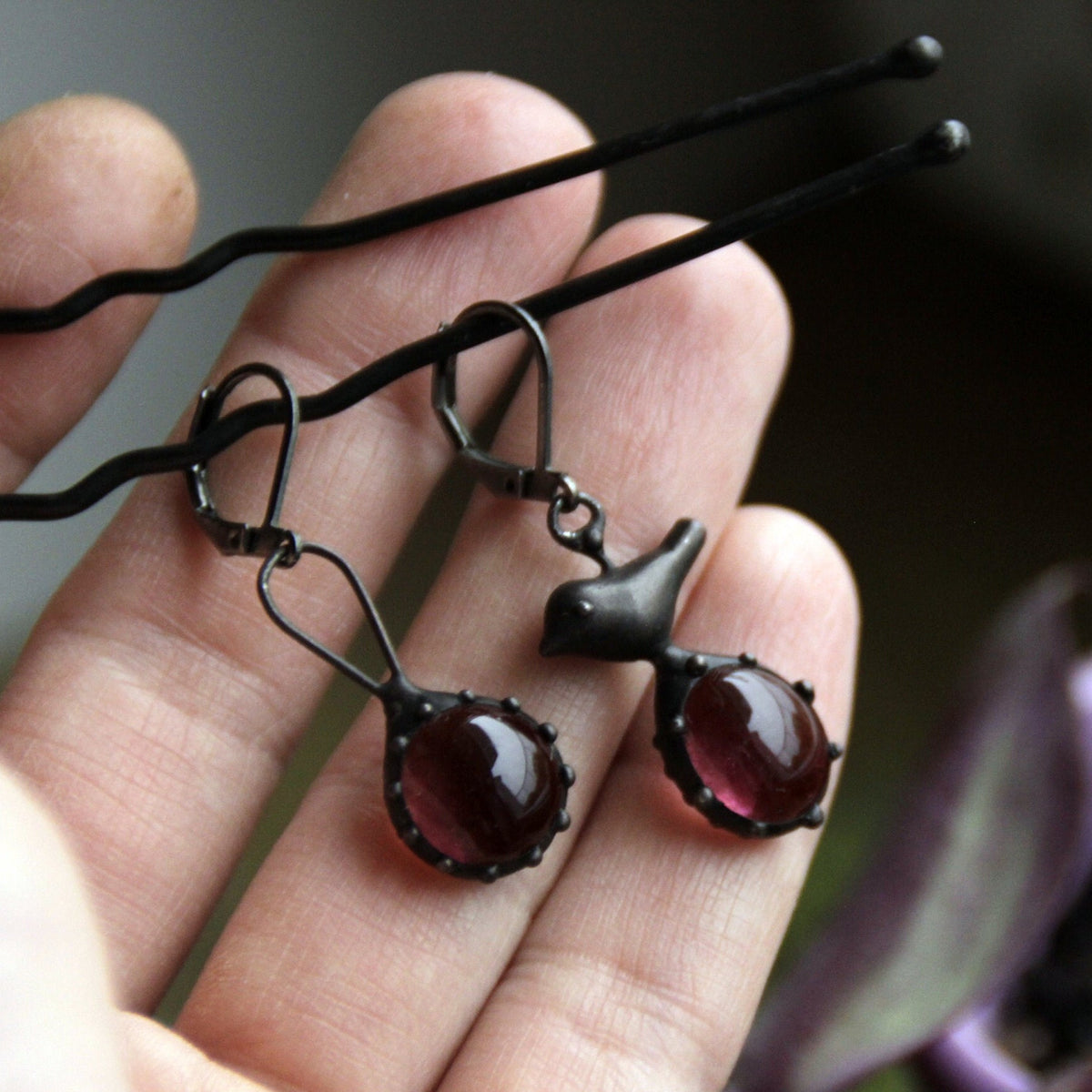 Purple Glass Asymmetrical Bird Earrings – Blackened Copper