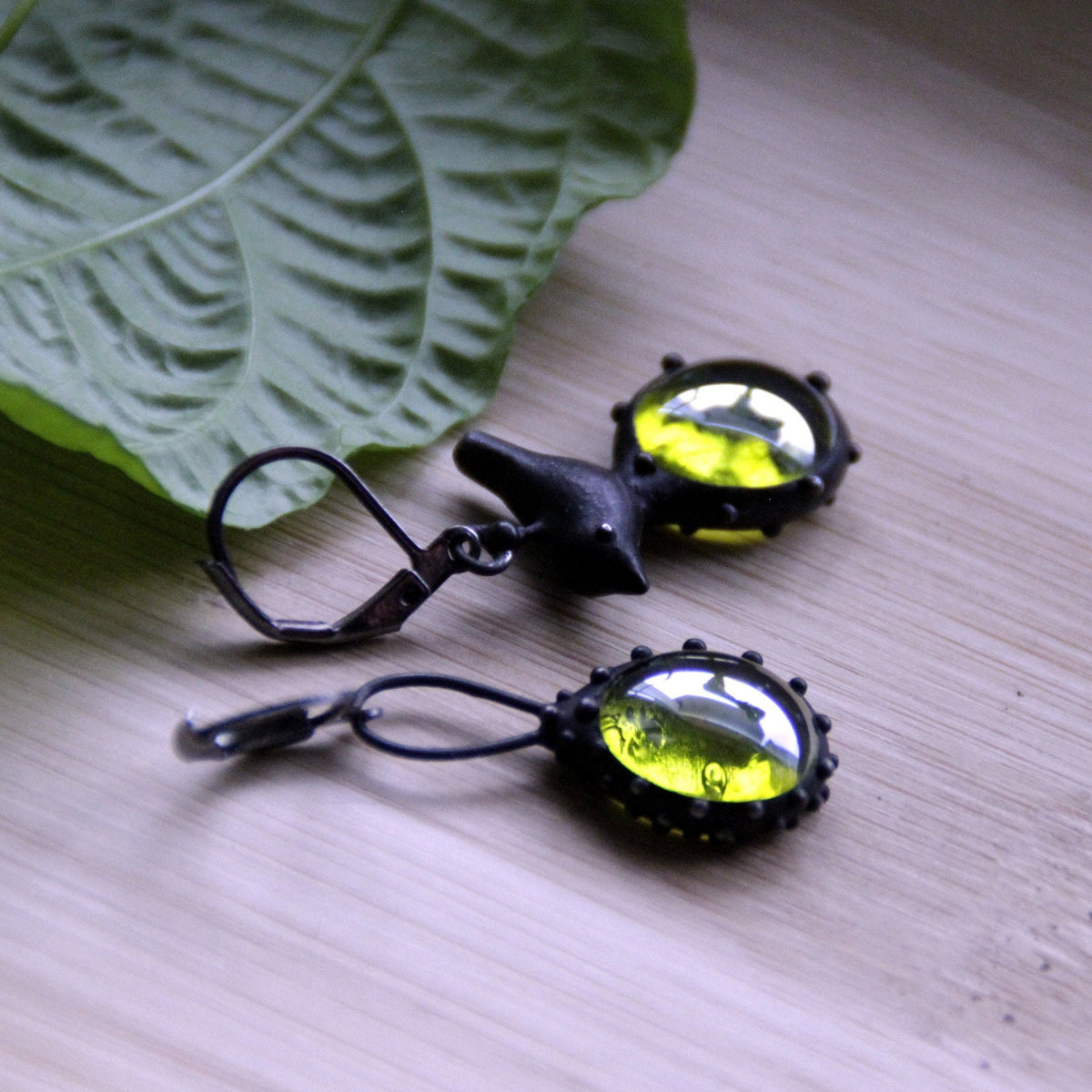 Green Glass Asymmetrical Bird Earrings – Blackened Copper