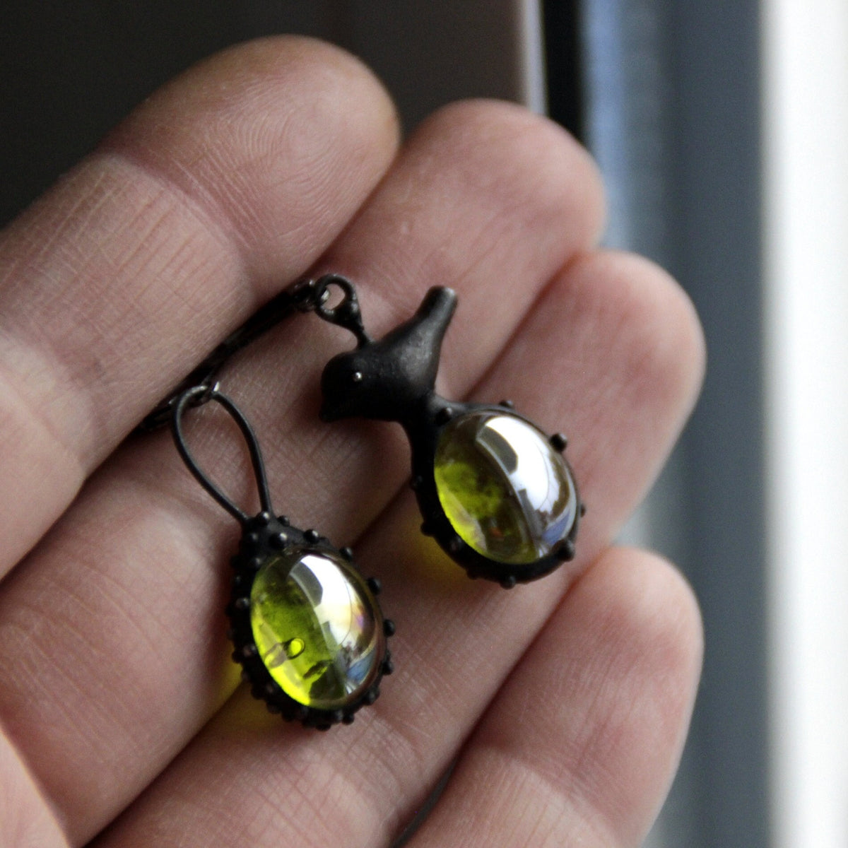 Green Glass Asymmetrical Bird Earrings – Blackened Copper