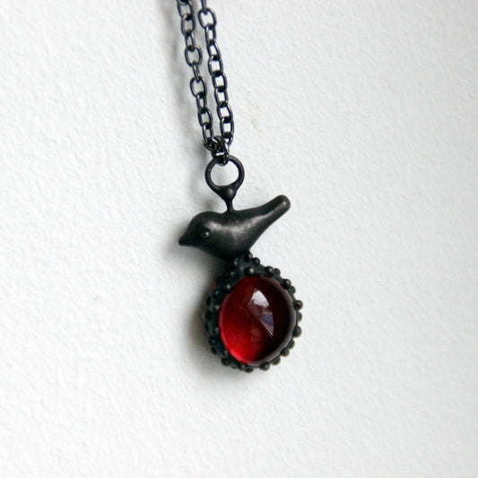 Red Glass Bird Necklace – Blackened Copper & Pewter Raindrop Pendant – Forest