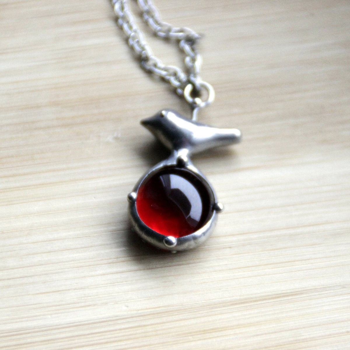 Red Glass Bird Necklace – Silver Tone
