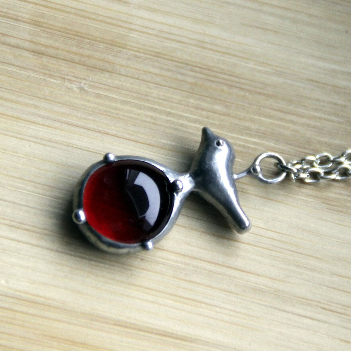 Red Glass Bird Necklace – Silver Tone