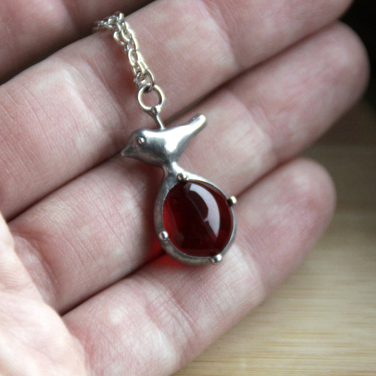 Red Glass Bird Necklace – Silver Tone