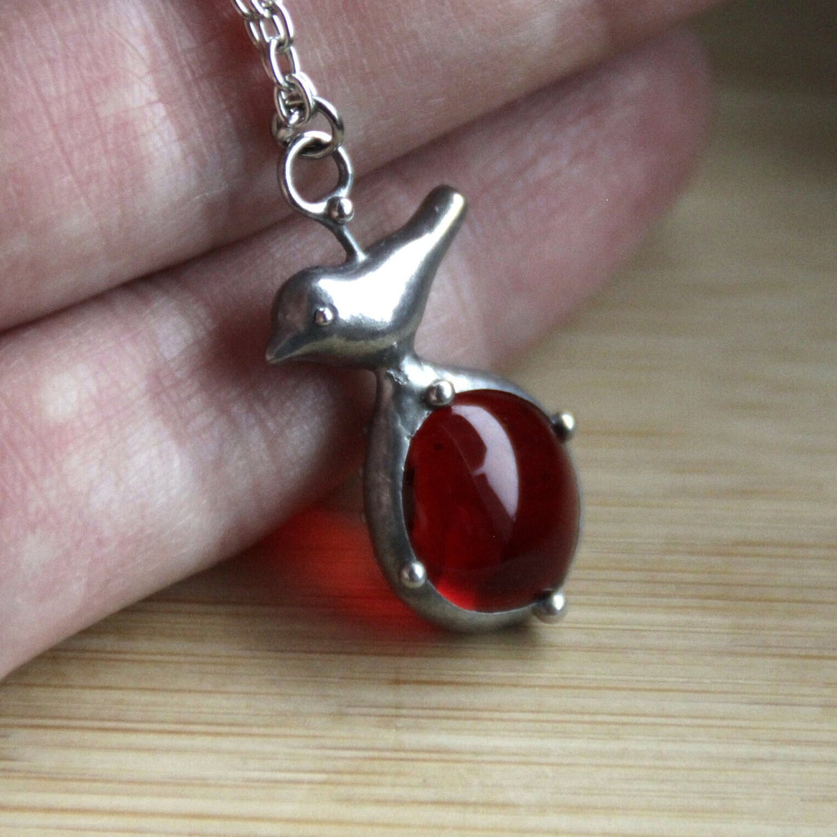Red Glass Bird Necklace – Silver Tone