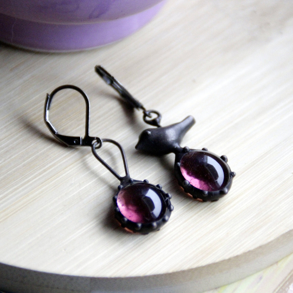Purple Glass Asymmetrical Bird Earrings – Blackened Copper