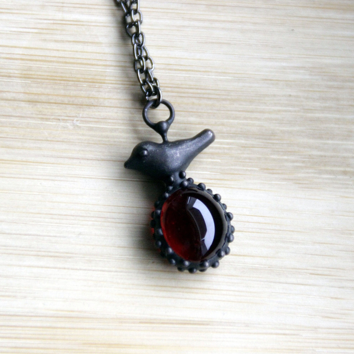 Red Glass Bird Necklace – Blackened Copper & Pewter Raindrop Pendant – Forest