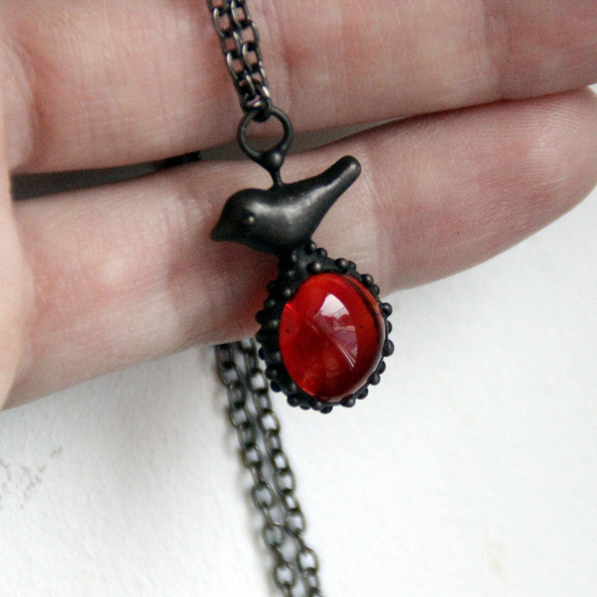 Red Glass Bird Necklace – Blackened Copper & Pewter Raindrop Pendant – Forest