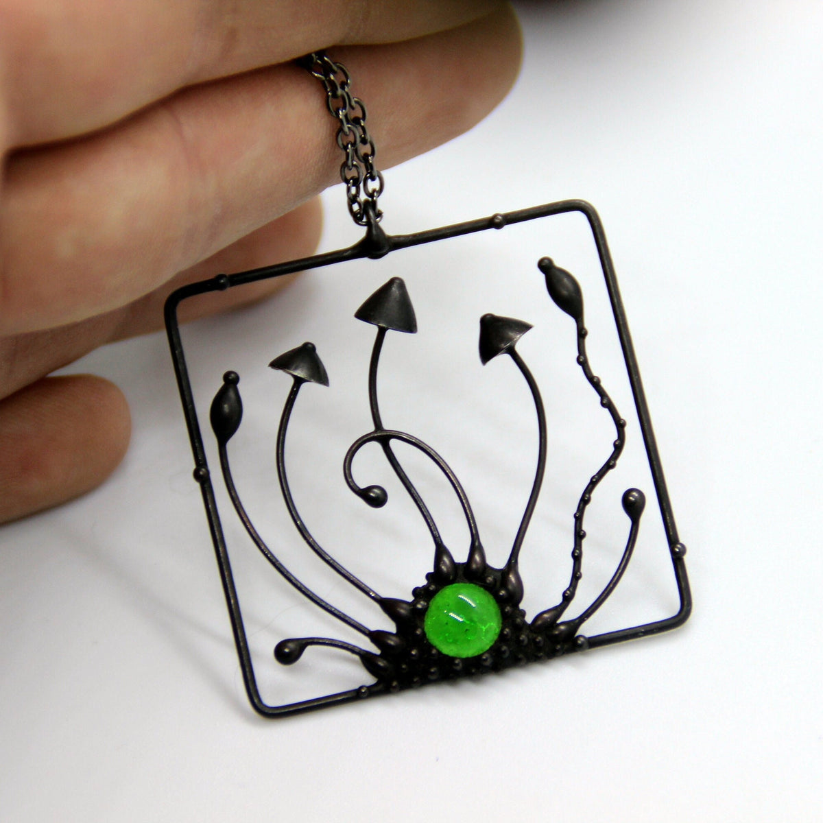 Green Glass Mushroom Necklace – Blackened Copper Square Forest Pendant – Psychedelic Botanical