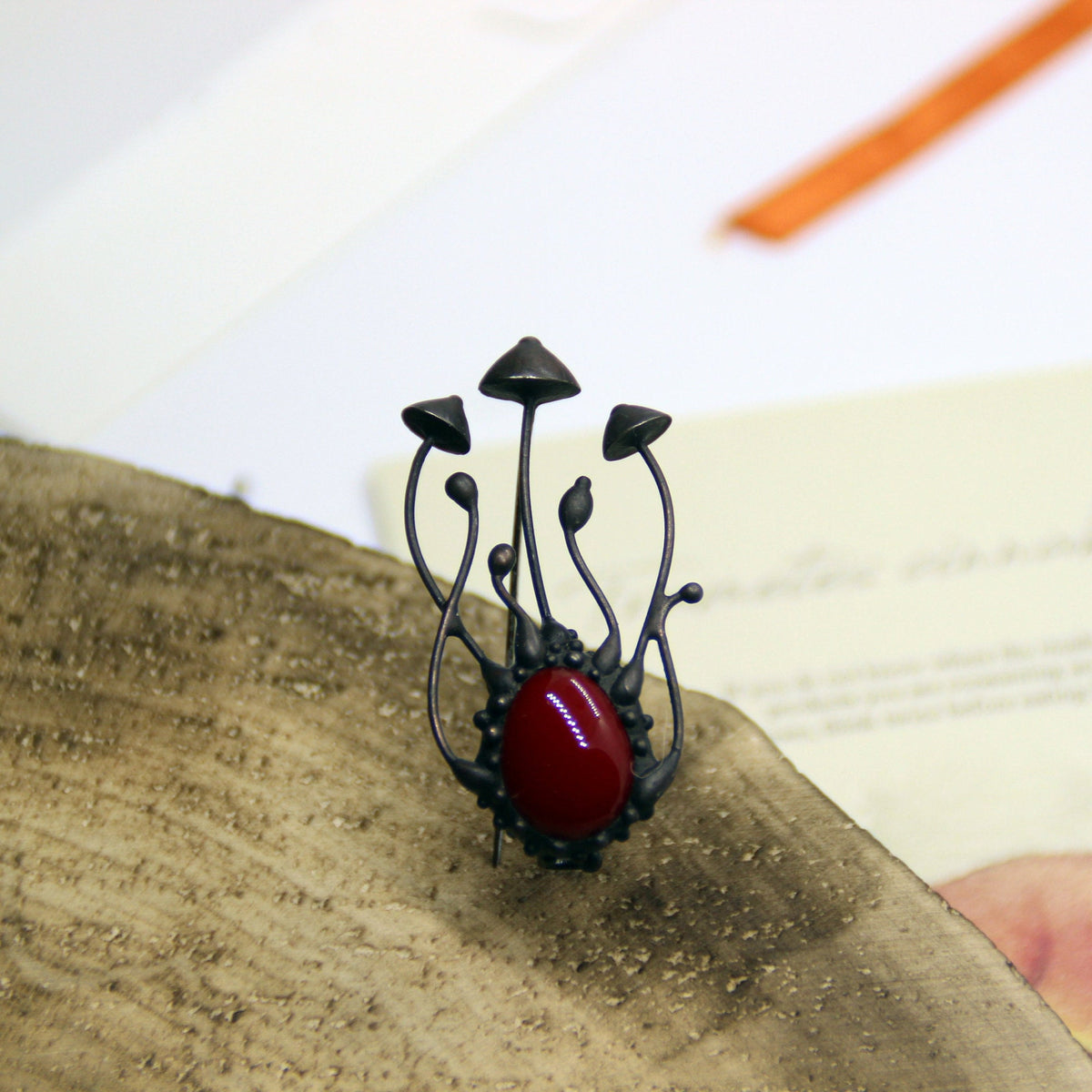 Red Glass Mushroom Brooch – Blackened Copper