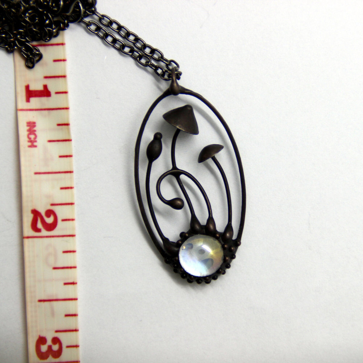 Clear Glass Mushroom Necklace – Blackened Copper & Pewter Oval Forest Pendant – Psychedelic