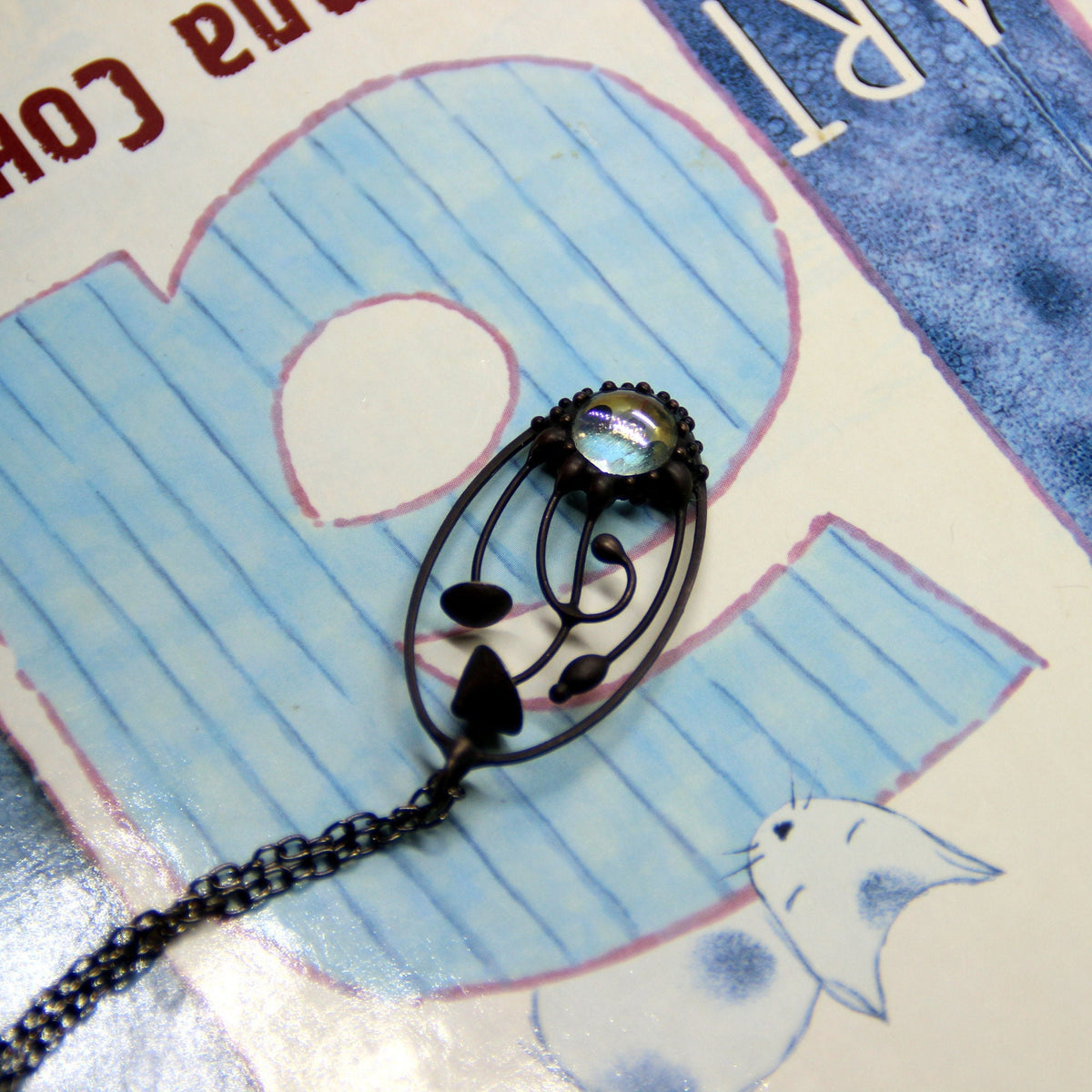 Clear Glass Mushroom Necklace – Blackened Copper & Pewter Oval Forest Pendant – Psychedelic