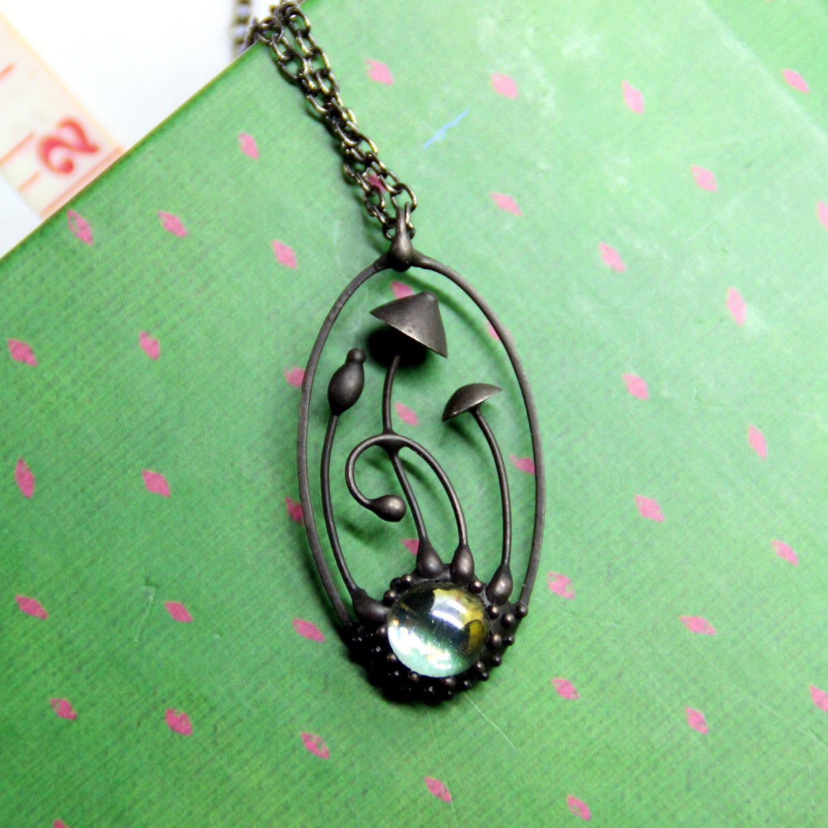 Clear Glass Mushroom Necklace – Blackened Copper & Pewter Oval Forest Pendant – Psychedelic