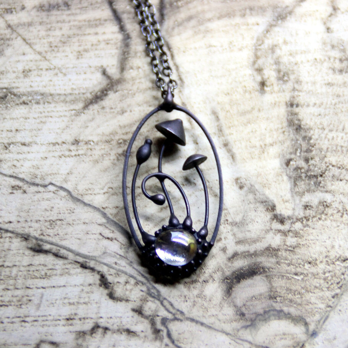 Clear Glass Mushroom Necklace – Blackened Copper & Pewter Oval Forest Pendant – Psychedelic