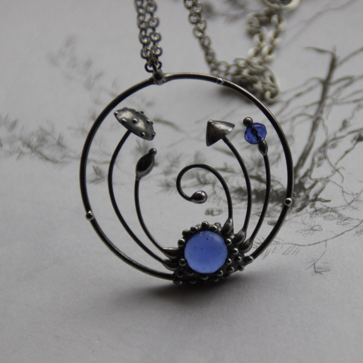 Blue Stained Glass Amanita Mushroom Circle Necklace – Silver Tone