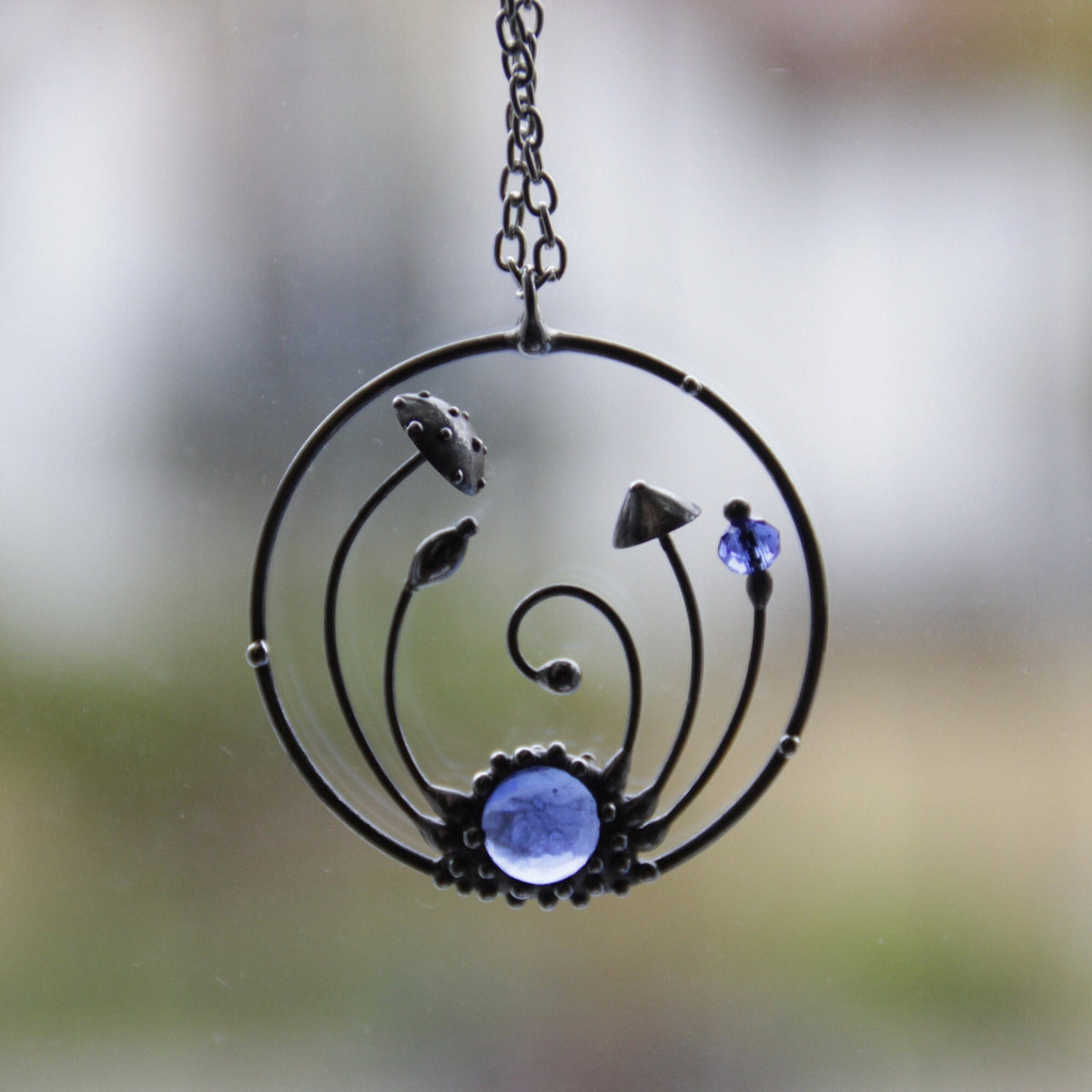 Blue Stained Glass Amanita Mushroom Circle Necklace – Silver Tone