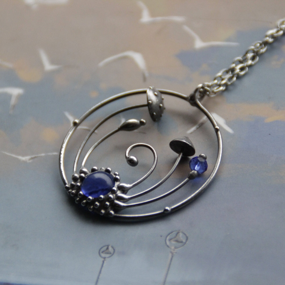 Blue Stained Glass Amanita Mushroom Circle Necklace – Silver Tone