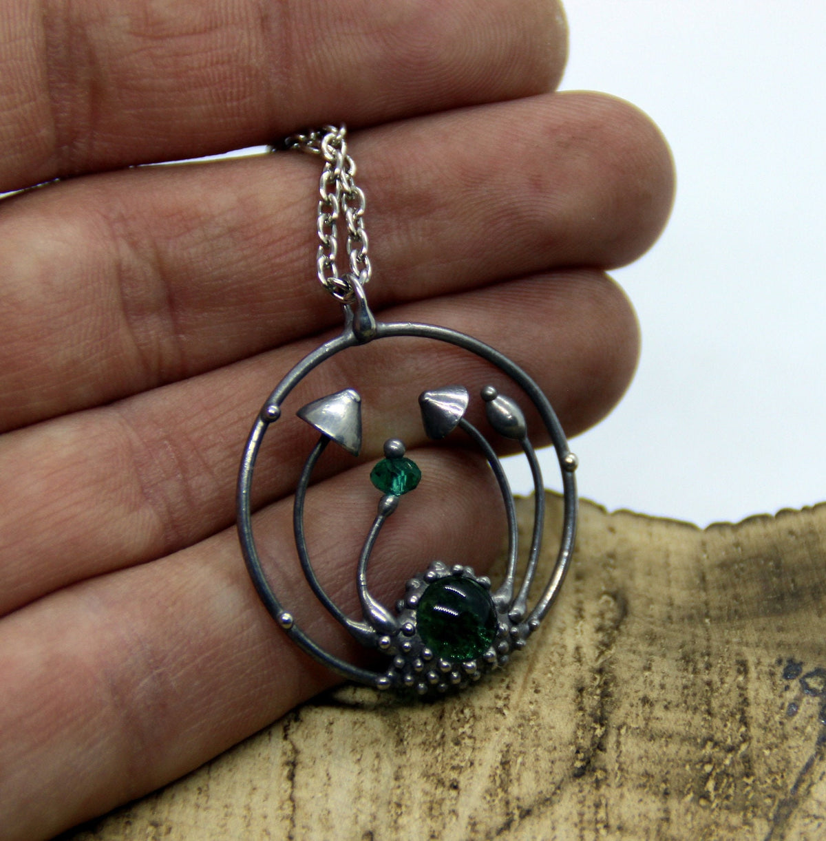 Green Glass Mushroom Necklace – Silver Tone Forest Pendant – Botanical Art Nouveau