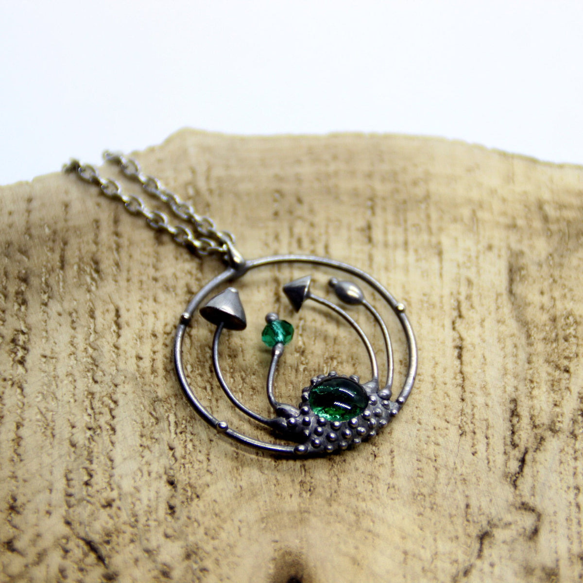 Green Glass Mushroom Necklace – Silver Tone Forest Pendant – Botanical Art Nouveau