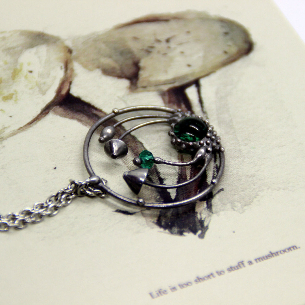 Green Glass Mushroom Necklace – Silver Tone Forest Pendant – Botanical Art Nouveau