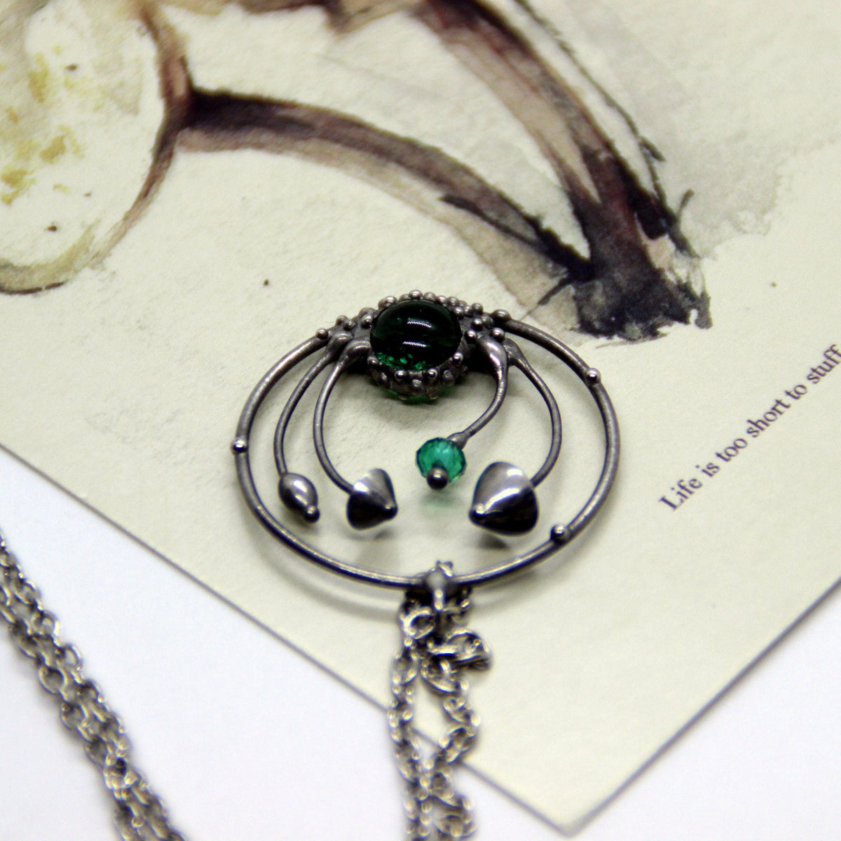 Green Glass Mushroom Necklace – Silver Tone Forest Pendant – Botanical Art Nouveau