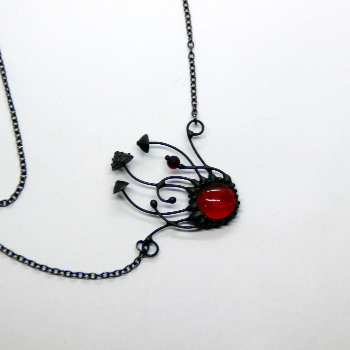 Red Glass Amanita Mushroom Cluster Necklace – Blackened Copper