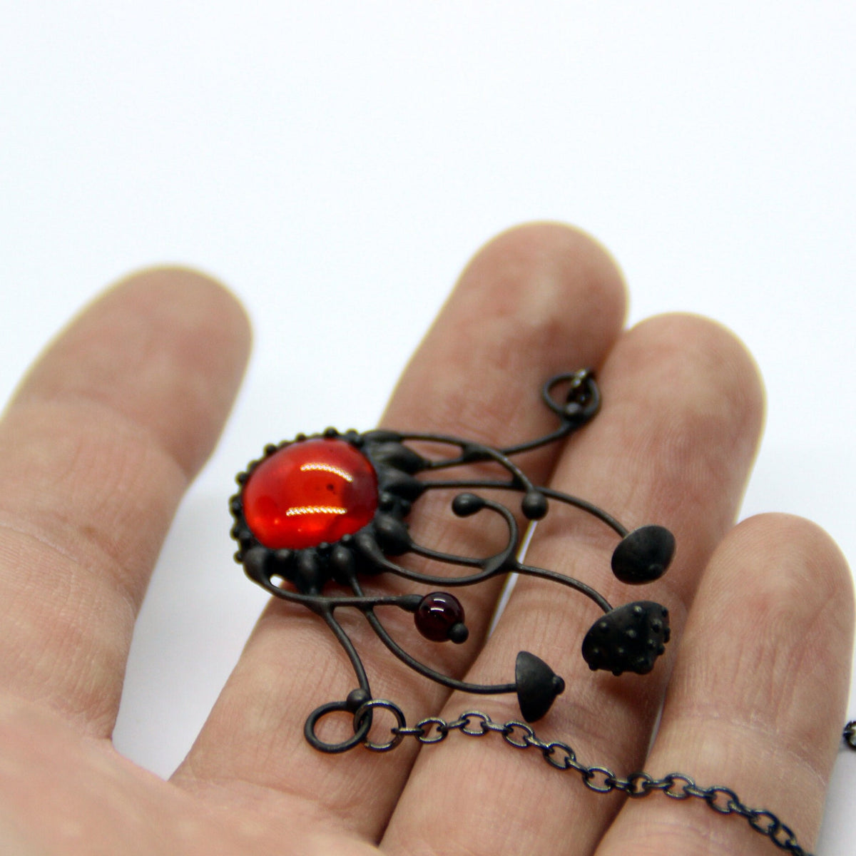Red Glass Amanita Mushroom Cluster Necklace – Blackened Copper