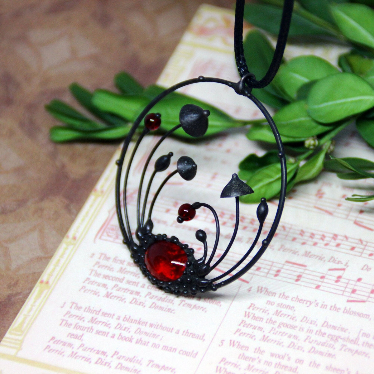 Red Glass Mushroom Necklace – Blackened Copper Round Forest Pendant – Botanical