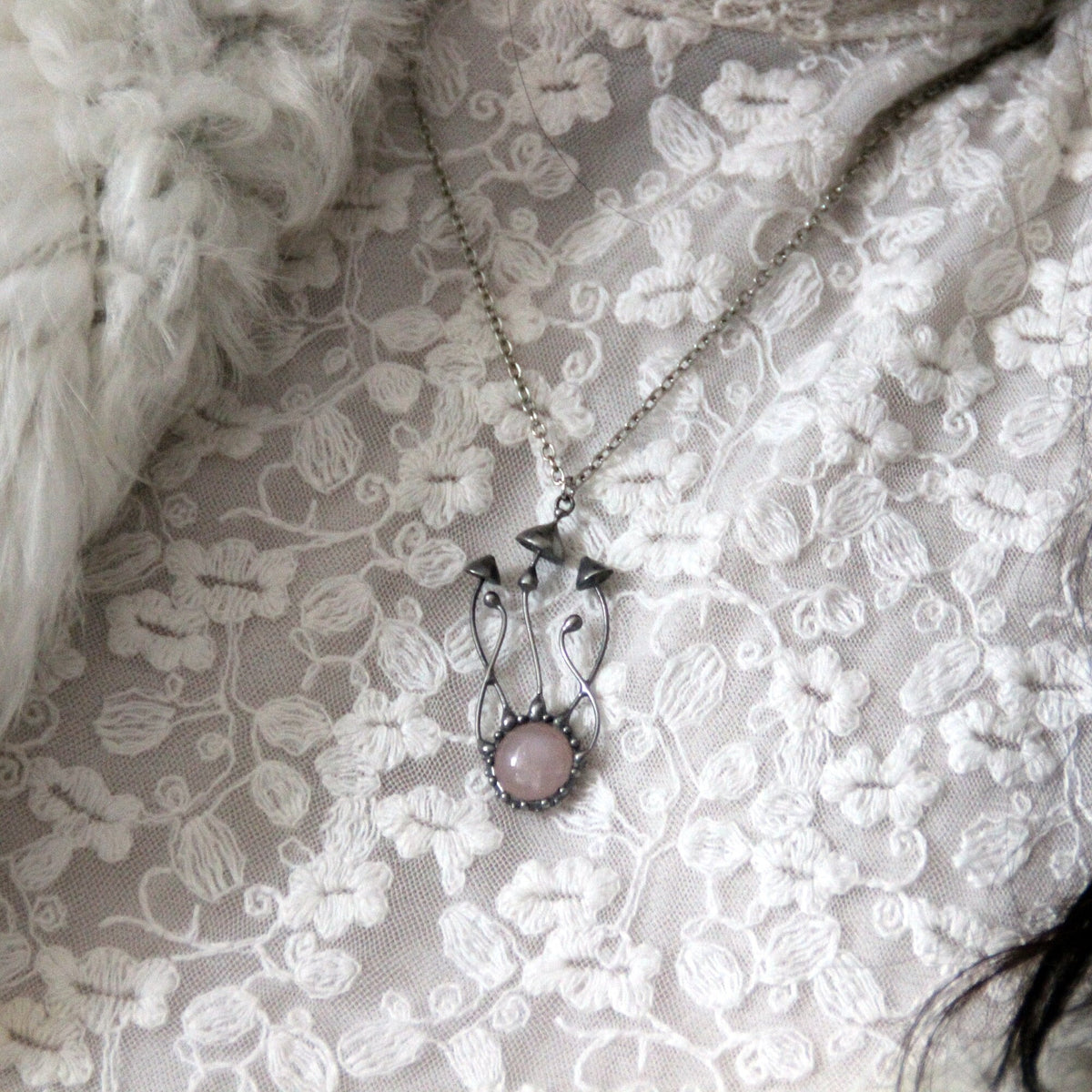Pink Quartz Mushroom Cluster Necklace – Silver Tone
