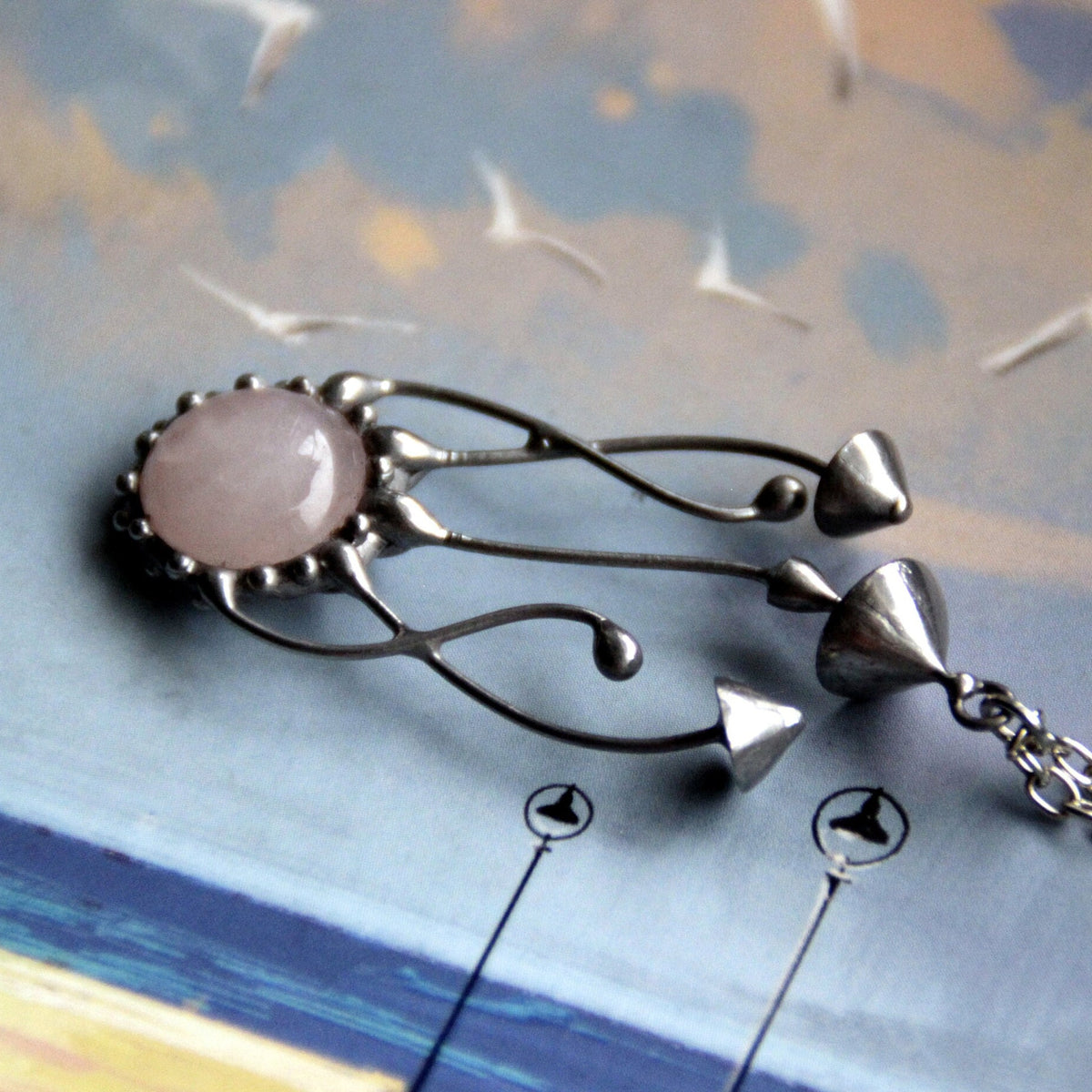 Pink Quartz Mushroom Cluster Necklace – Silver Tone
