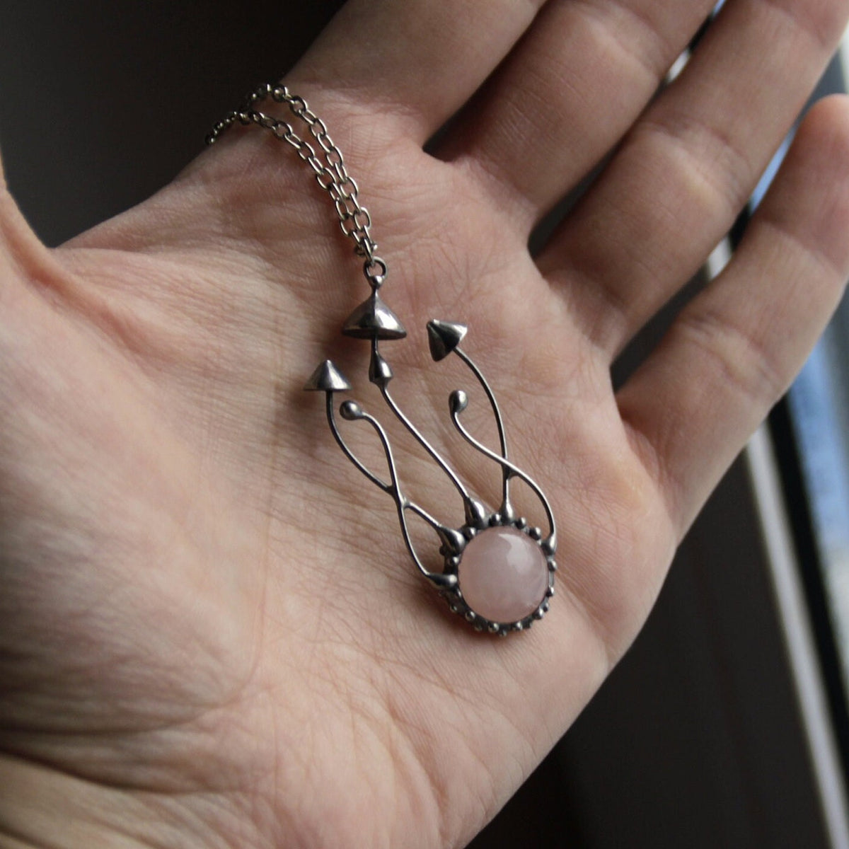 Pink Quartz Mushroom Cluster Necklace – Silver Tone