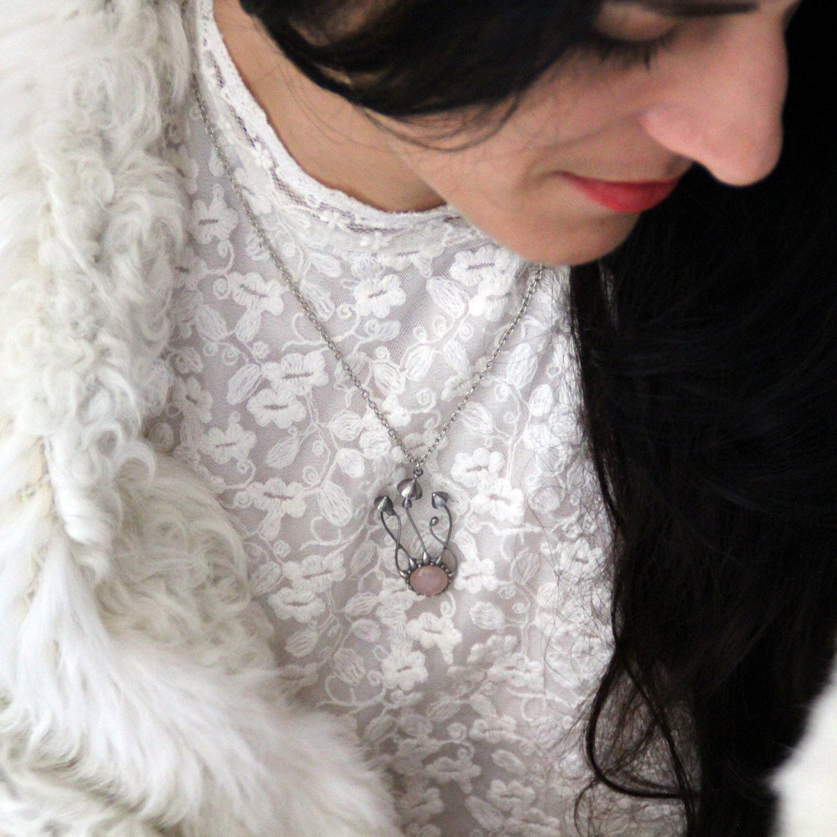 Pink Quartz Mushroom Cluster Necklace – Silver Tone