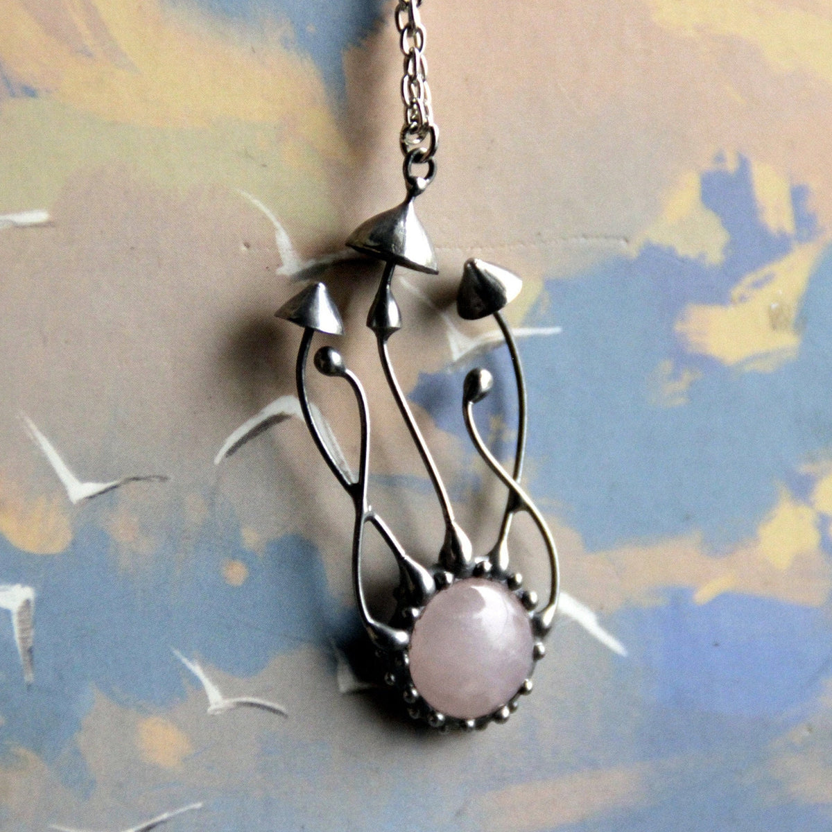 Pink Quartz Mushroom Cluster Necklace – Silver Tone