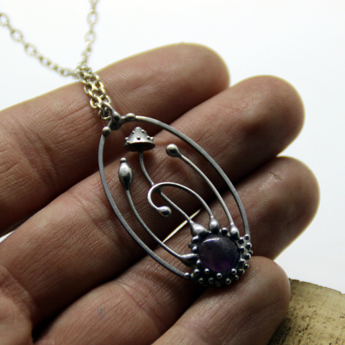 Amethyst Amanita Mushroom Necklace – Silver Tone