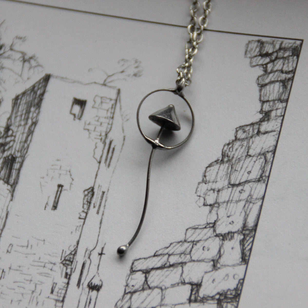 Silver Tone Mushroom Pendant Necklace – Copper & Pewter Minimal Forest