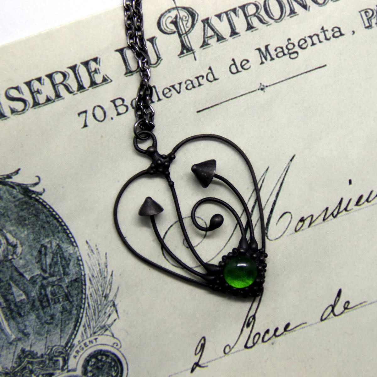 Green Glass Mushroom Heart Necklace – Blackened Copper