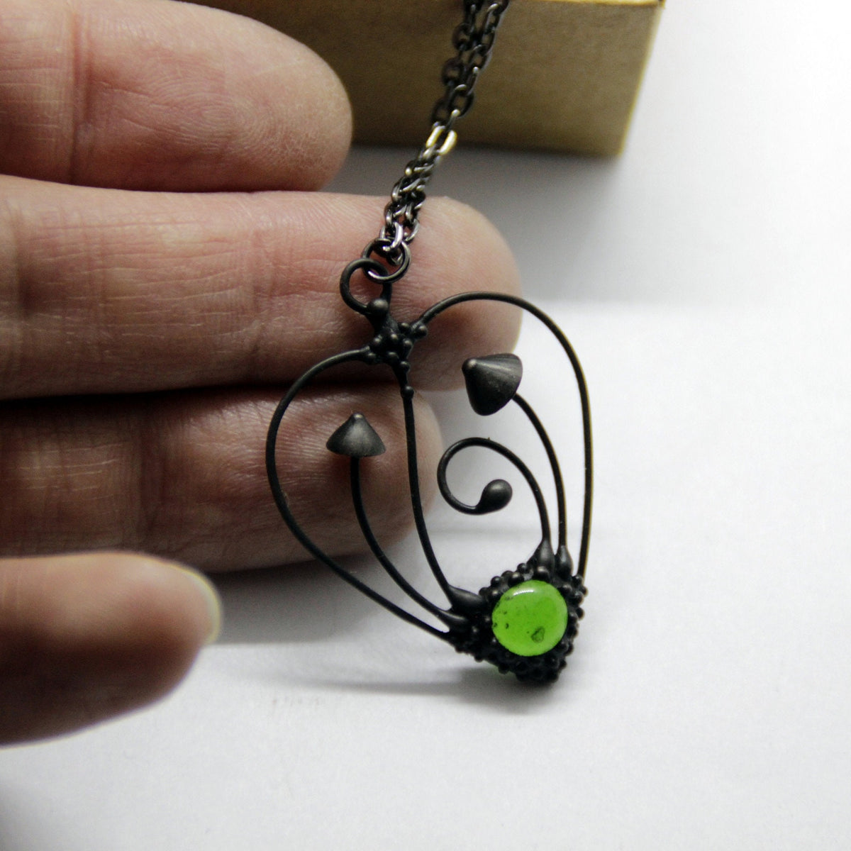 Green Glass Mushroom Heart Necklace – Blackened Copper