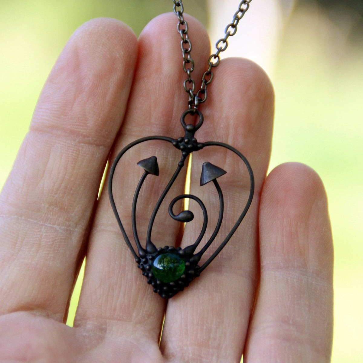 Green Glass Mushroom Heart Necklace – Blackened Copper