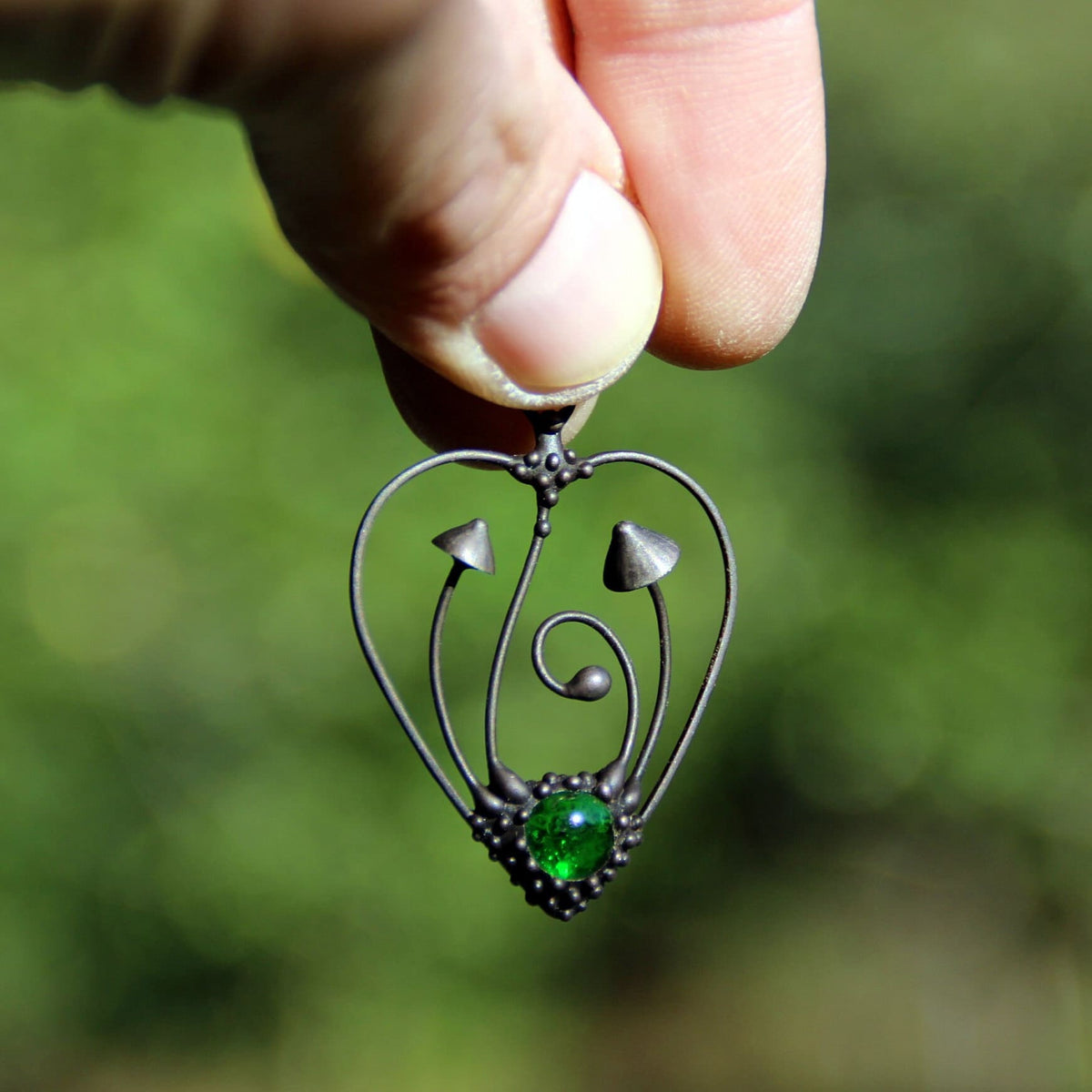 Green Glass Mushroom Heart Necklace – Blackened Copper