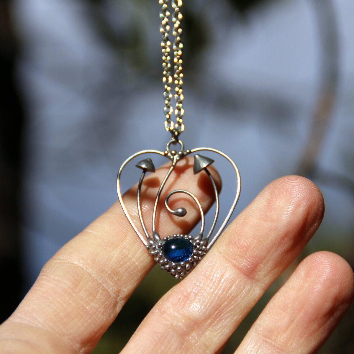 Blue Glass Mushroom Heart Necklace – Silver Tone
