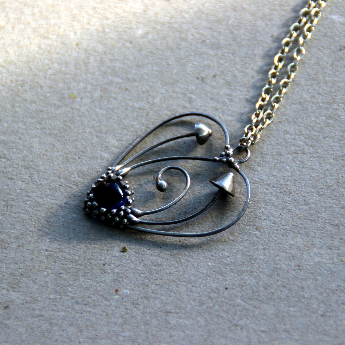 Blue Glass Mushroom Heart Necklace – Silver Tone