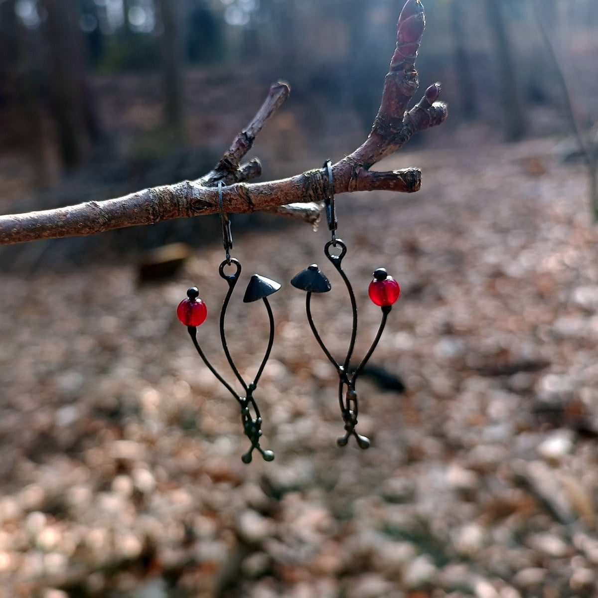 Red Glass Mushroom Earrings – Blackened Copper & Pewter Forest Dangles – Botanical