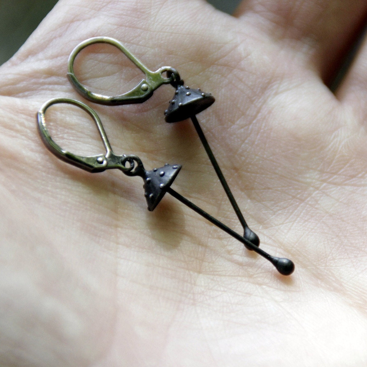 Black Amanita Mushroom Earrings – Copper & Pewter Long Stem Dangles – Forest Witch